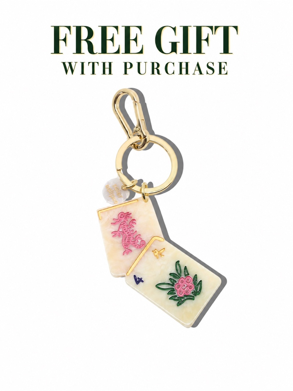 NWT Solar Eclipse Hand-Painted Flower Mahjong Tile Bag Charm Keychain